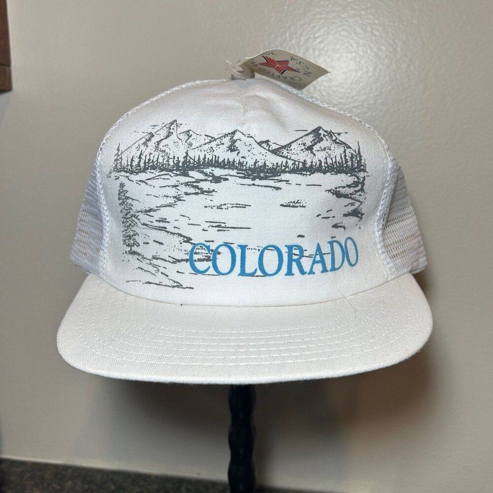 New vintage 90s 1990s Colorado mountains flat bill trucker hat blue white rare